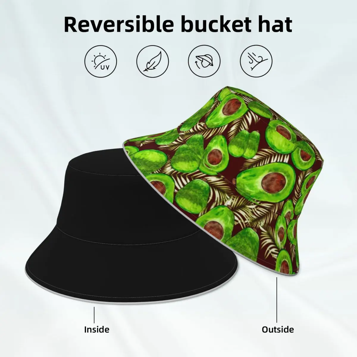 

Avocado Salad Reflective Bucket Hat Green Fruit Print Double-sided Wear Beach Fisherman Hats Fashionable Unisex Sun Hat