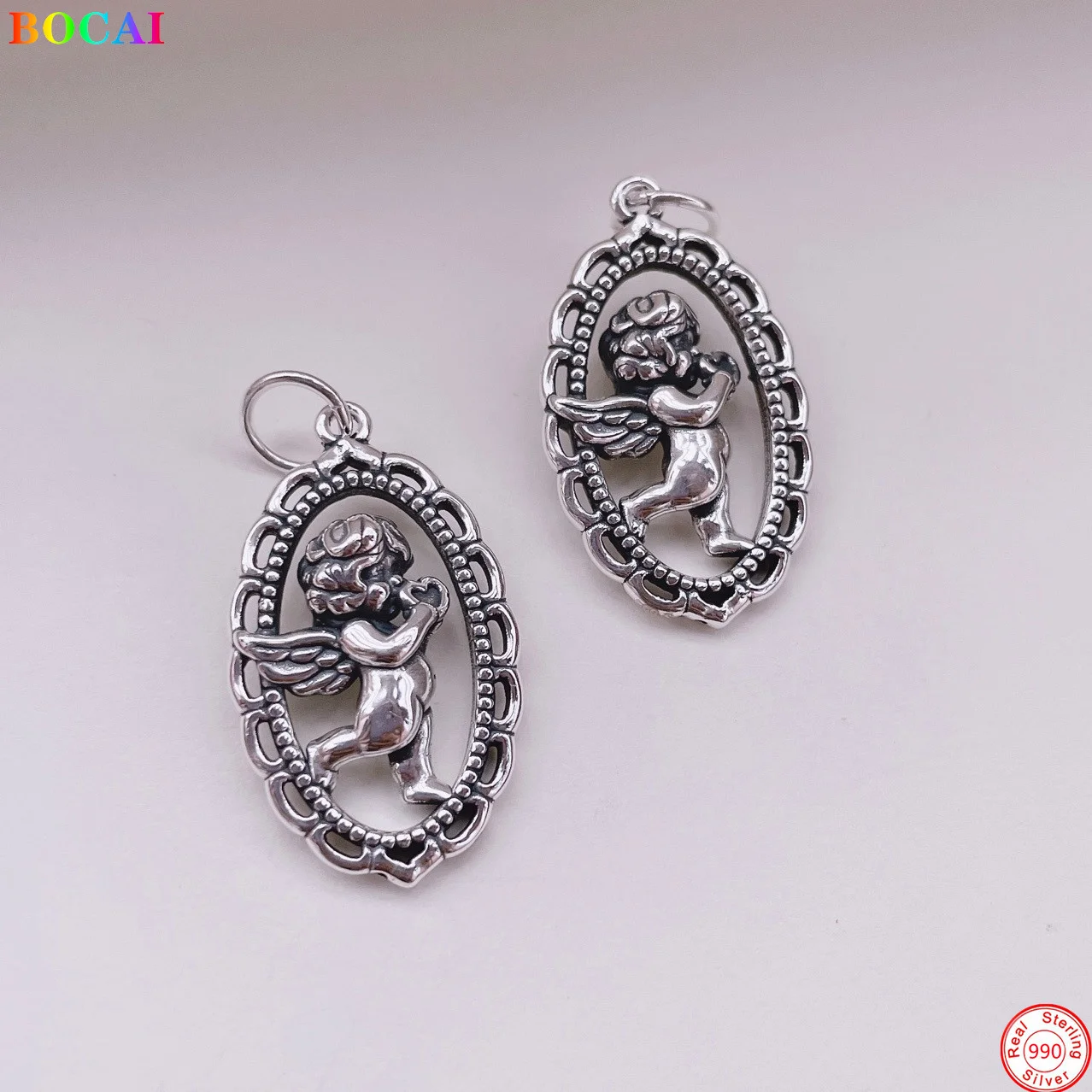 

BOCAI S990 Sterling Silver Pendants 2022 New Fashion Angel Baby Retro 3D lovely Oval Hanging Ornament Argentum Jewelry for Women
