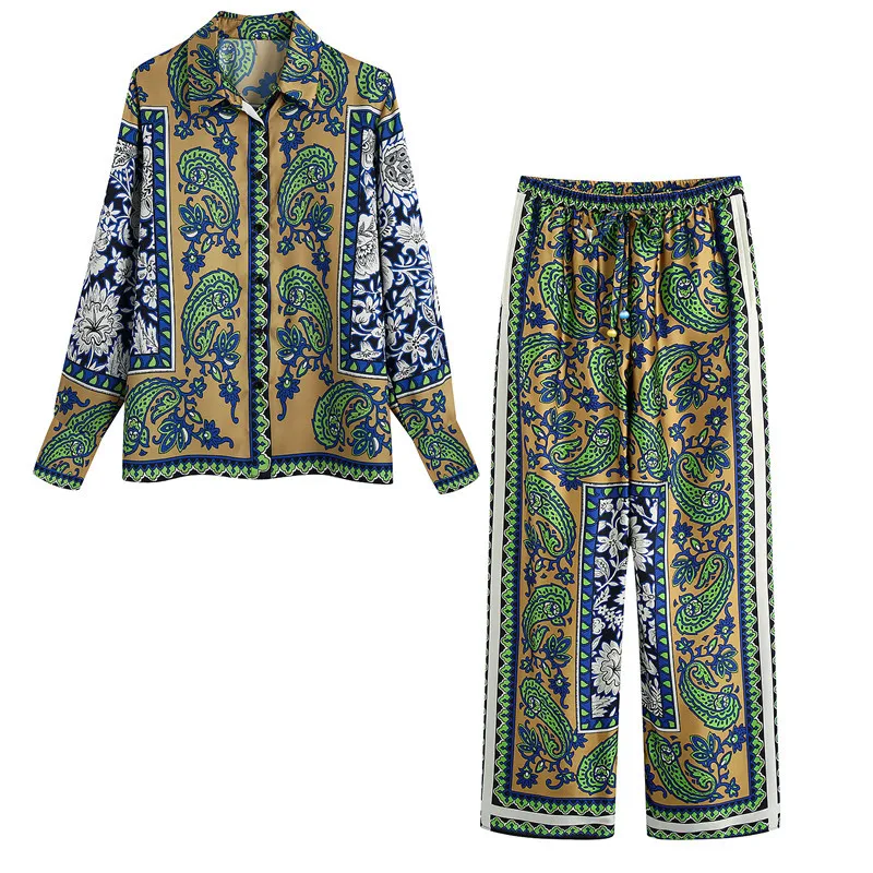 

Spring new European and American style printed loose shirt, elastic waist, pajama style pants suit, women