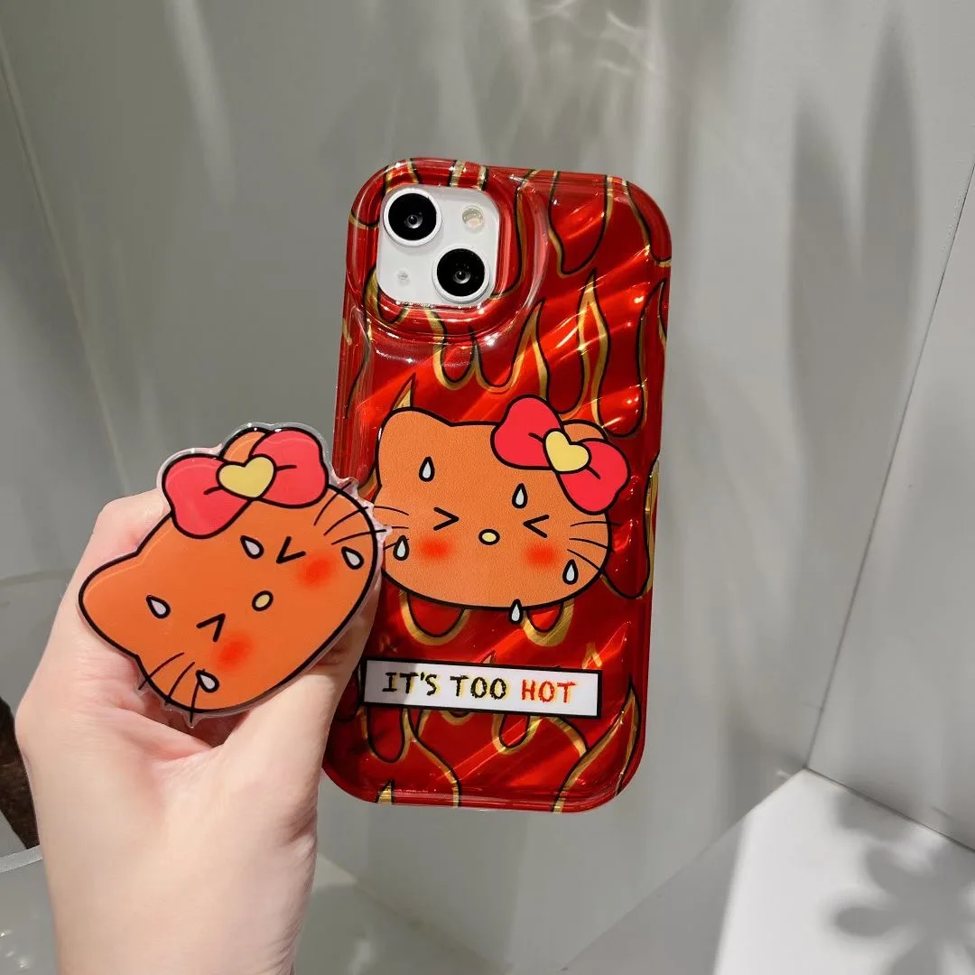 

Cute Sanrio Hello Kitty flame sweating cartoon With a bracket Phone Cases For iPhone 14 13 12 11 Pro Max Back Cover