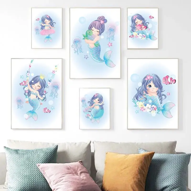

Cartoon Cute Little Mermaid Sea Creatures Nordic Poster And Print Wall Art Canvas Painting Nursery Home Decor for Baby Bedroom