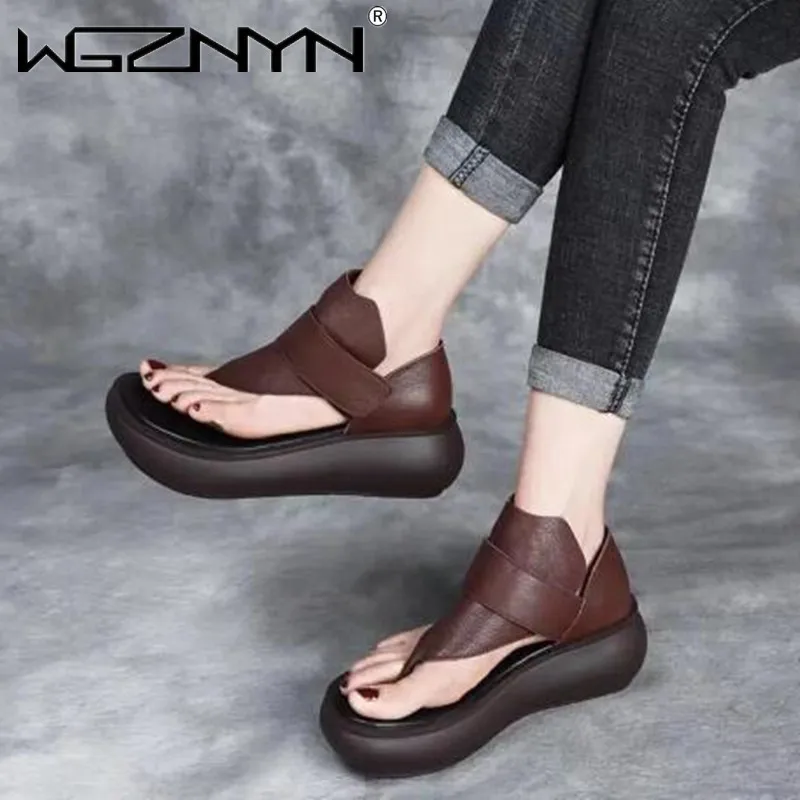 

2022 New Fashion Genuine PU Leather Flip-flop Sandals Summer Women's Retro Sandals Platform Wedges Heighten Sandals Roman Shoes
