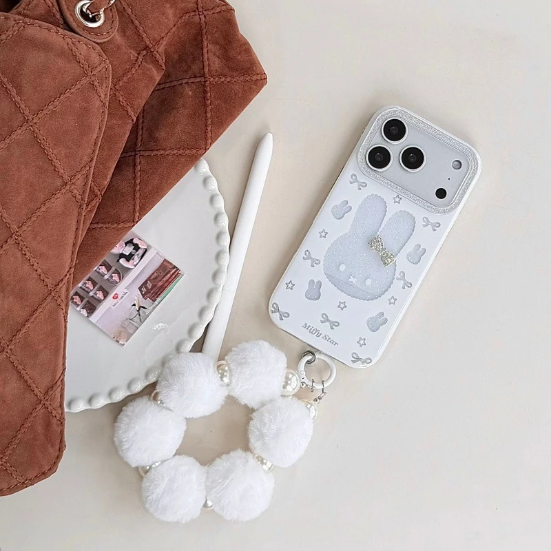 Фото Милый чехол Kawaii Miffy для iPhone 17/16 Pro Max 15/14 Plus 13/12 с блестками, стразами и бантом, противоударный, мягкий, для женщин №1