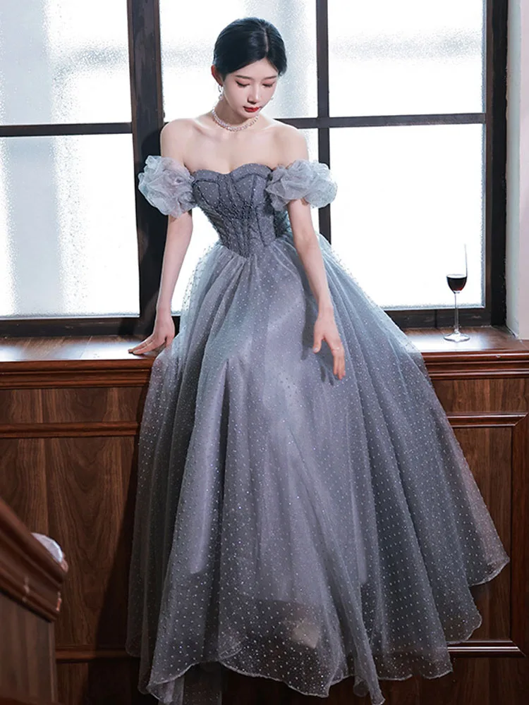 

Off the Shoulder Long Evening Dress Lace-Up Back Prom Gowns