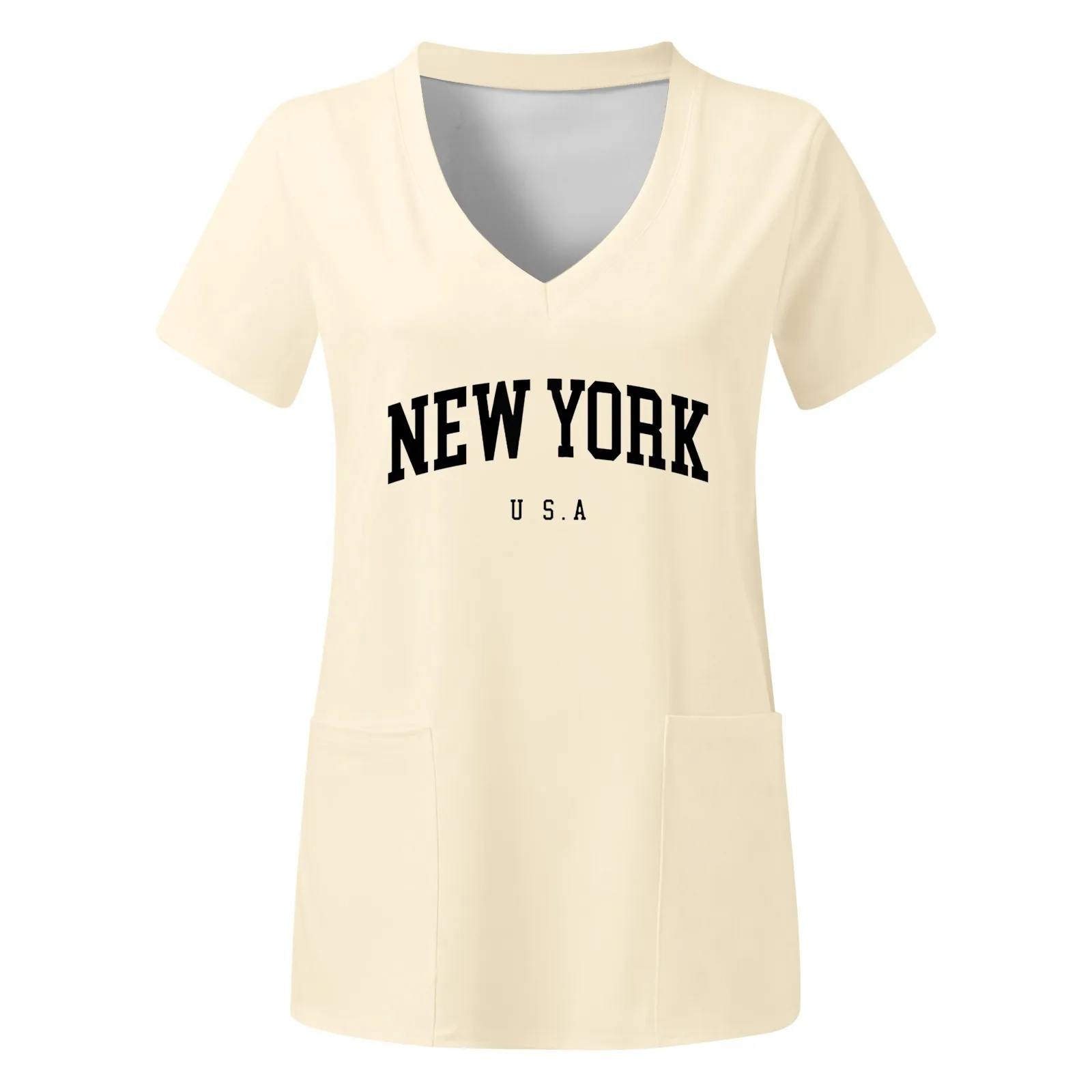 

Женская футболка с v-образным вырезом, короткими рукавами и карманами, с принтом, в полоску