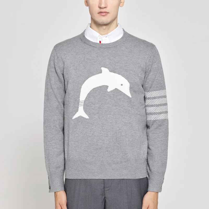 

Knitted TB THOM Wool Pullovers Men's Dolphins Embroidery Striped 4-Bar Coats Korean Fashion Casual Brand Striped Sweaters