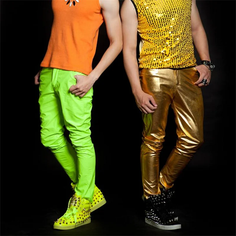 Green gold Singer costumes 1 pants men 1 pants man stage trousers Fluorescent leather pants mens pants Provide custom