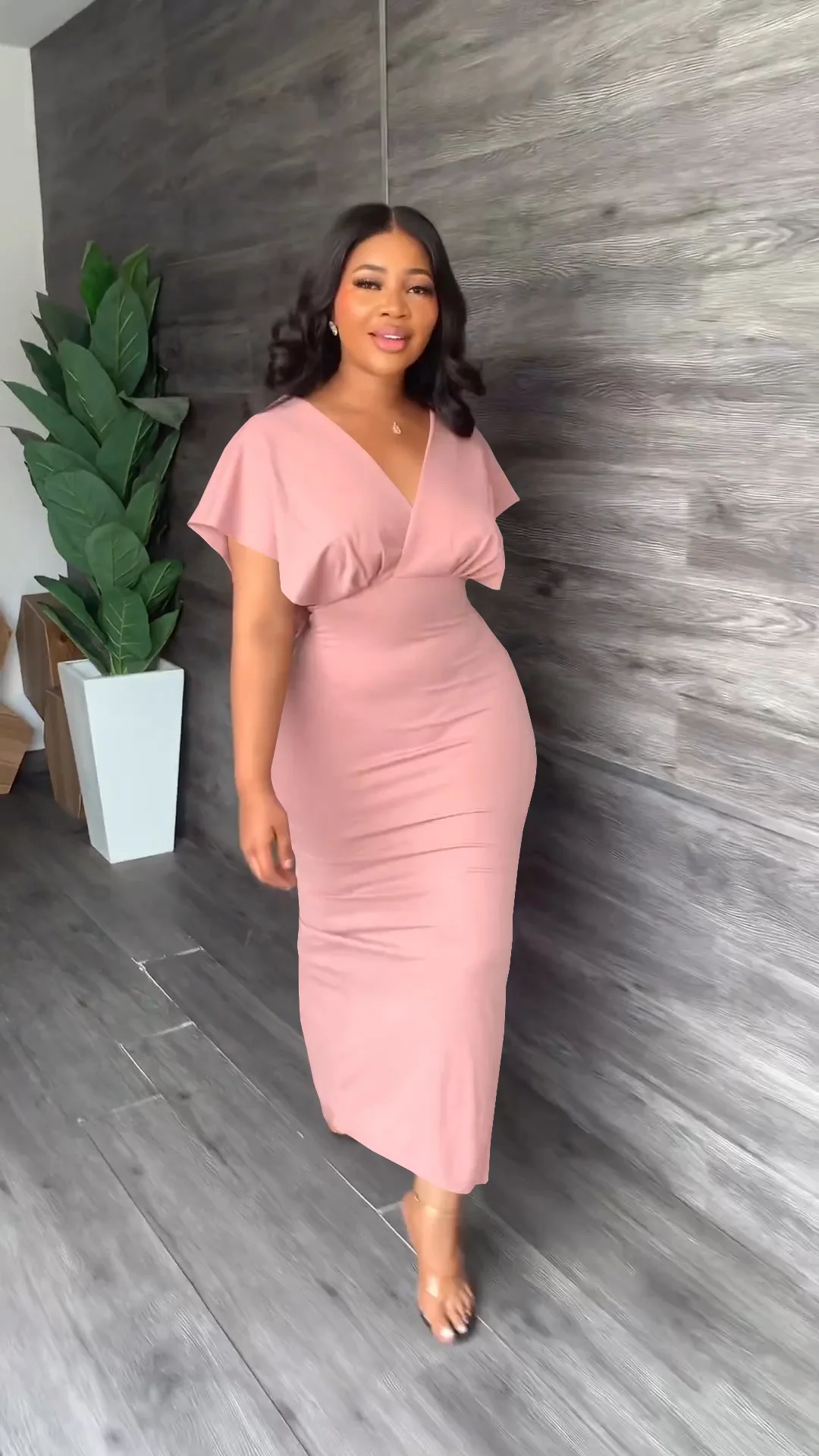 

Spring Summer Fashion Dress Women's Solid V-Neck Short Sleeve Split Pencil Dress Elegant Commuter Fitted Dress Women