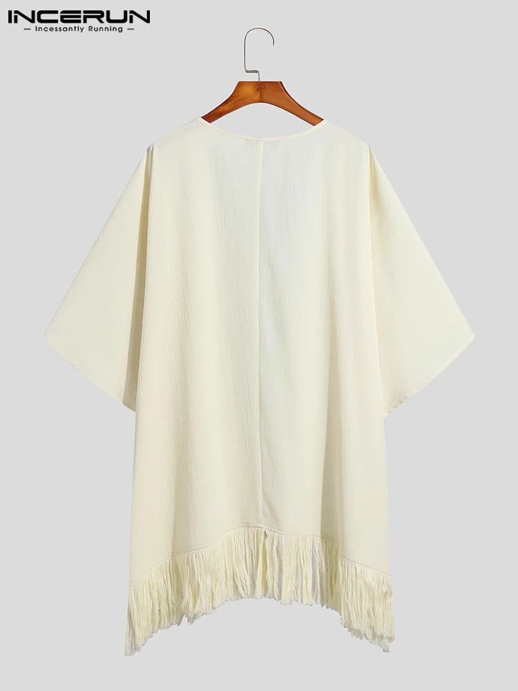 American Style Men Solid Tops INCERUN Loose Comfortable Blouse Casual Well Fitting Loose Mid-sleeve Fringed Cardigan Shirt S-5XL