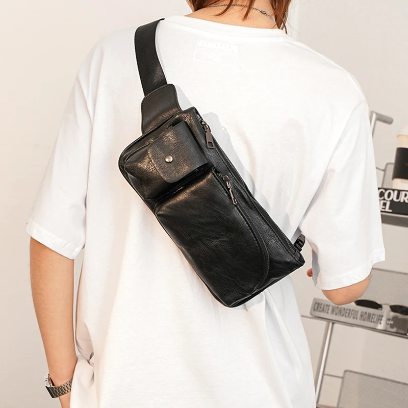 Men Mobile Phone Sling Bags Small Black Crossing Purses Vegan Leather Single Shoulder Chest Purse Man Bag Crossbody
