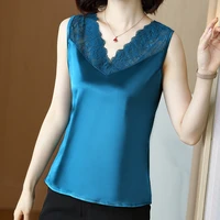 korean fashion silk tank top women satin office lady tank top lace solid black clothing for women lace cami