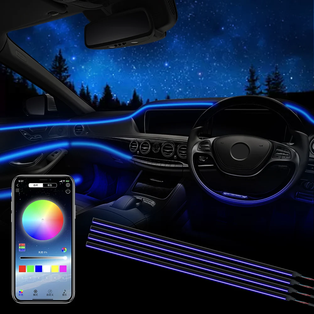 

12V RGB Lights Car Door Dashboard Decorative Lamps Smart Bluetooth Control Ambient LED Strips Footlights Acrylic Fiber Optic Set