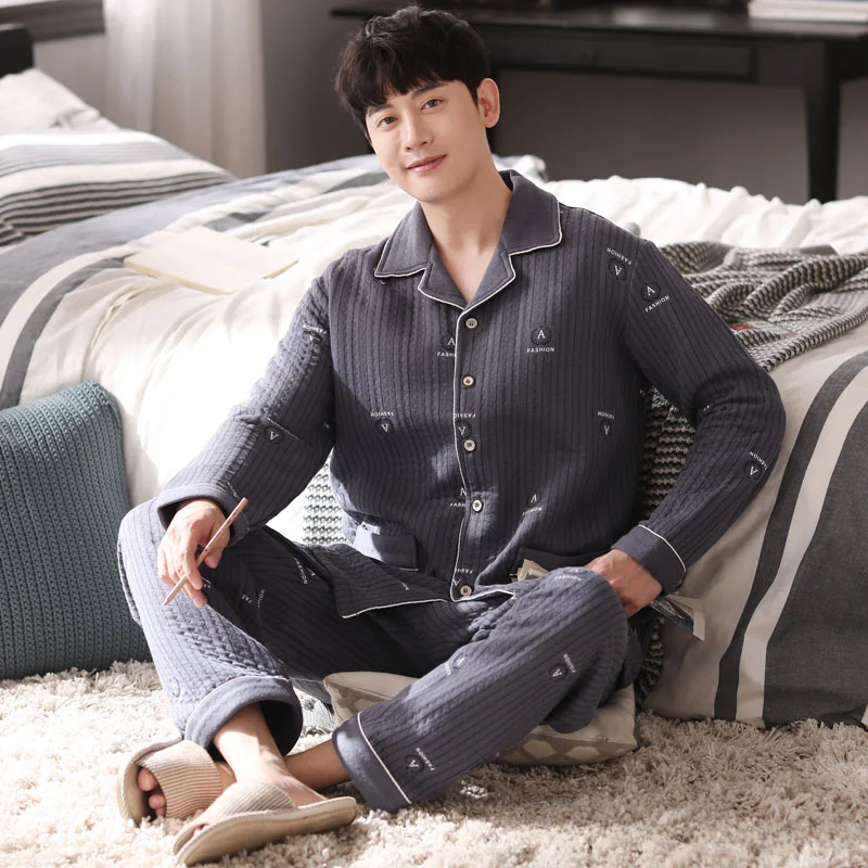 Пижама с длинным рукавом мужская хлопковая сэндвич тонкая стеганая подкладка