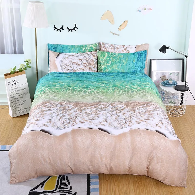

100% Polyester Bedding Sets Reactive Printing Beach Waves Green Duvet Cover Set For Home Hotel Decoration Quilt Cover Pillowcase