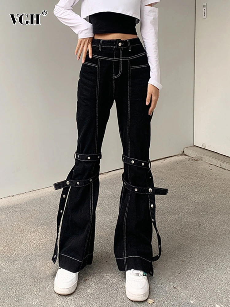 

VGH Black Jeans For Women High Waist Patchwork Button Belt Temperament Casual Flare Pants Female Fashion Autumn Clothing 2022