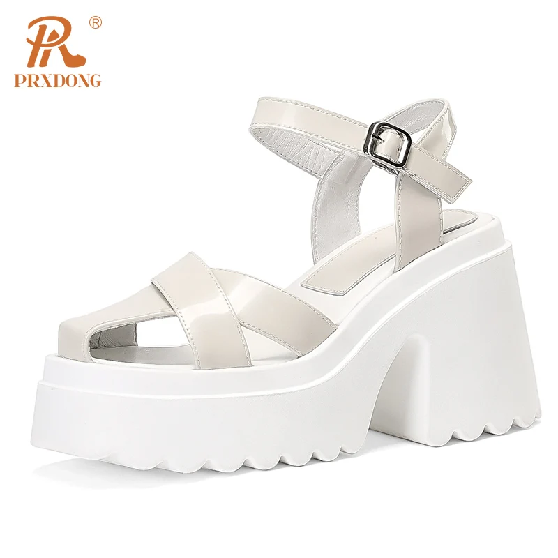 

PRXDONG Genuine Leather Rome Shoes Woman Summer Sandals Chunky Square Heels Platform Black Ankle Strap Dress Party Casual Shoes