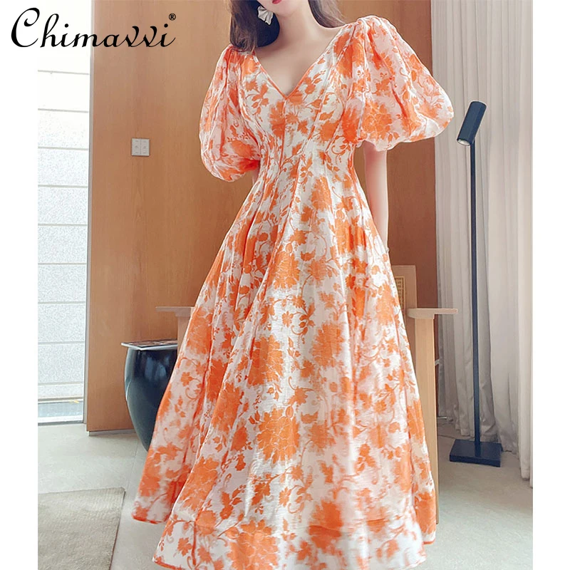 

Fashion V-neck Floral Puff Sleeve Dress Female 2022 Summer Dresses High-end French Slim Elegant Princess Lolita Elegant Dress