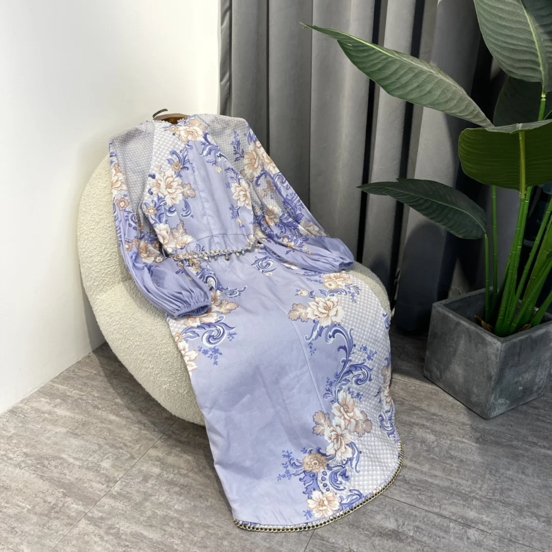

Designer 2022 Spring Top Quality Vintage Light Purple Floral Printing Golden Shell Chain Decor Lantern Sleeve Dresses Women