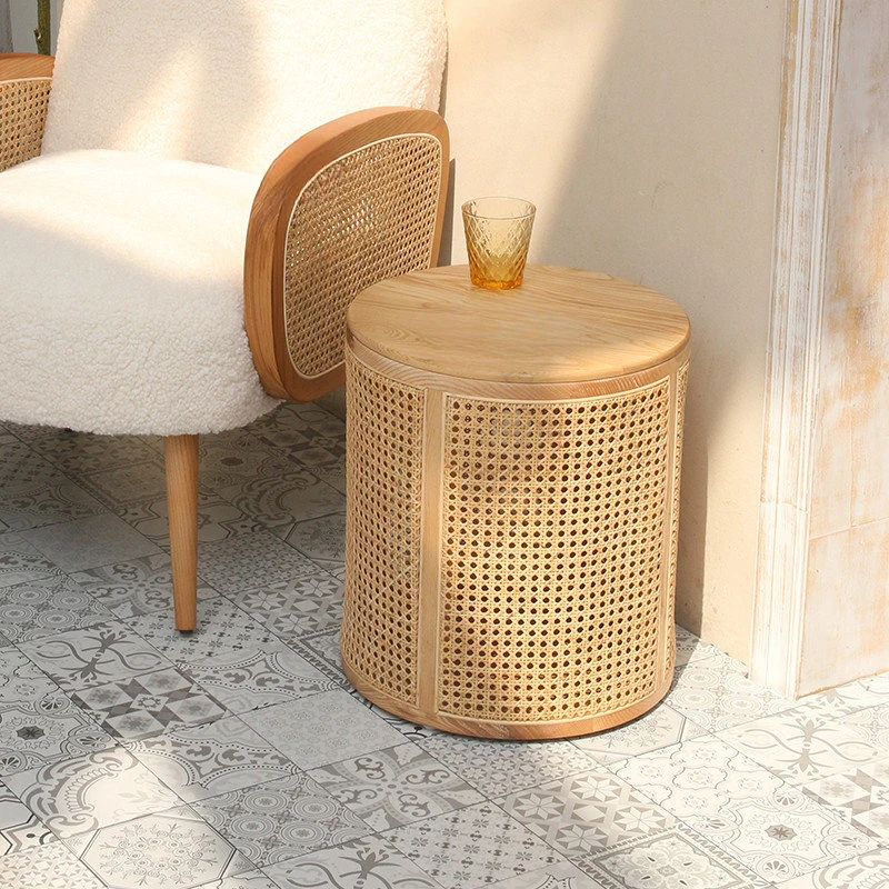 

Rattan Side Table Round Solid Wood Living Room Sofa Small Coffee Tables Modern Balcony Leisure Simple Storage Tables GM