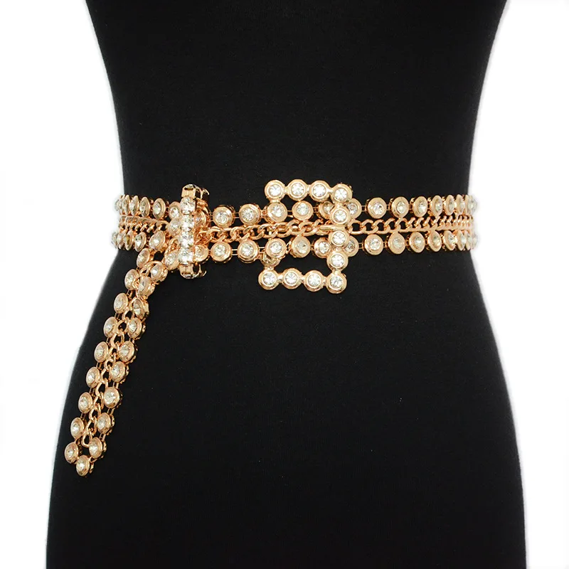 Fashion Rhinestone Chain Belt Women Lady High Waist Gold Crystal Pearl Pin Buckle Belts Waistband Jewelry Dress Metal Chain Belt