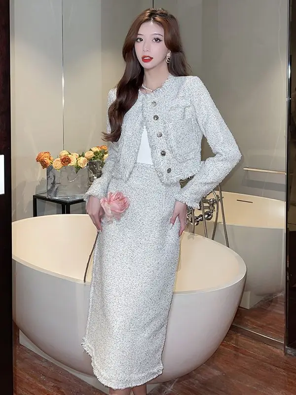 

Fall Winter Two Piece Sets Womens Outifits Tassel Tweed Jacket Crop Top+Midi Skirt Suits Female Conjuntos de falda Elegante