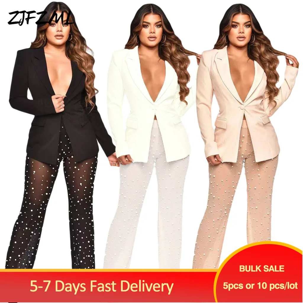 

Bulk Items Wholesale Lots Office Ladies Women Business Workwear Outfits Autumn Winter Mesh Beading Spliced Pant and Blazer Coats