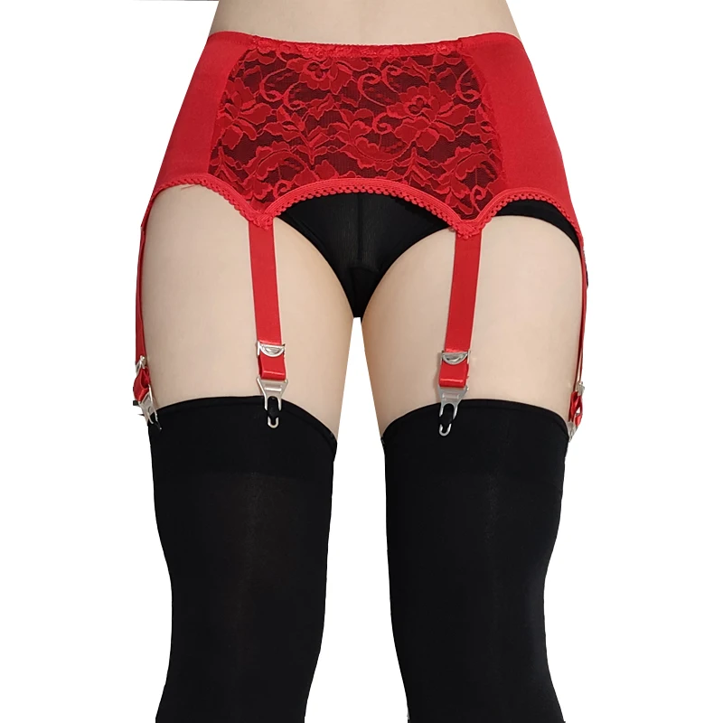 Vintage Red Lace Garter Belt with 6 Straps Hollow Out Metal Clip Sexy Suspender Belt for Women Stockings Lingerie