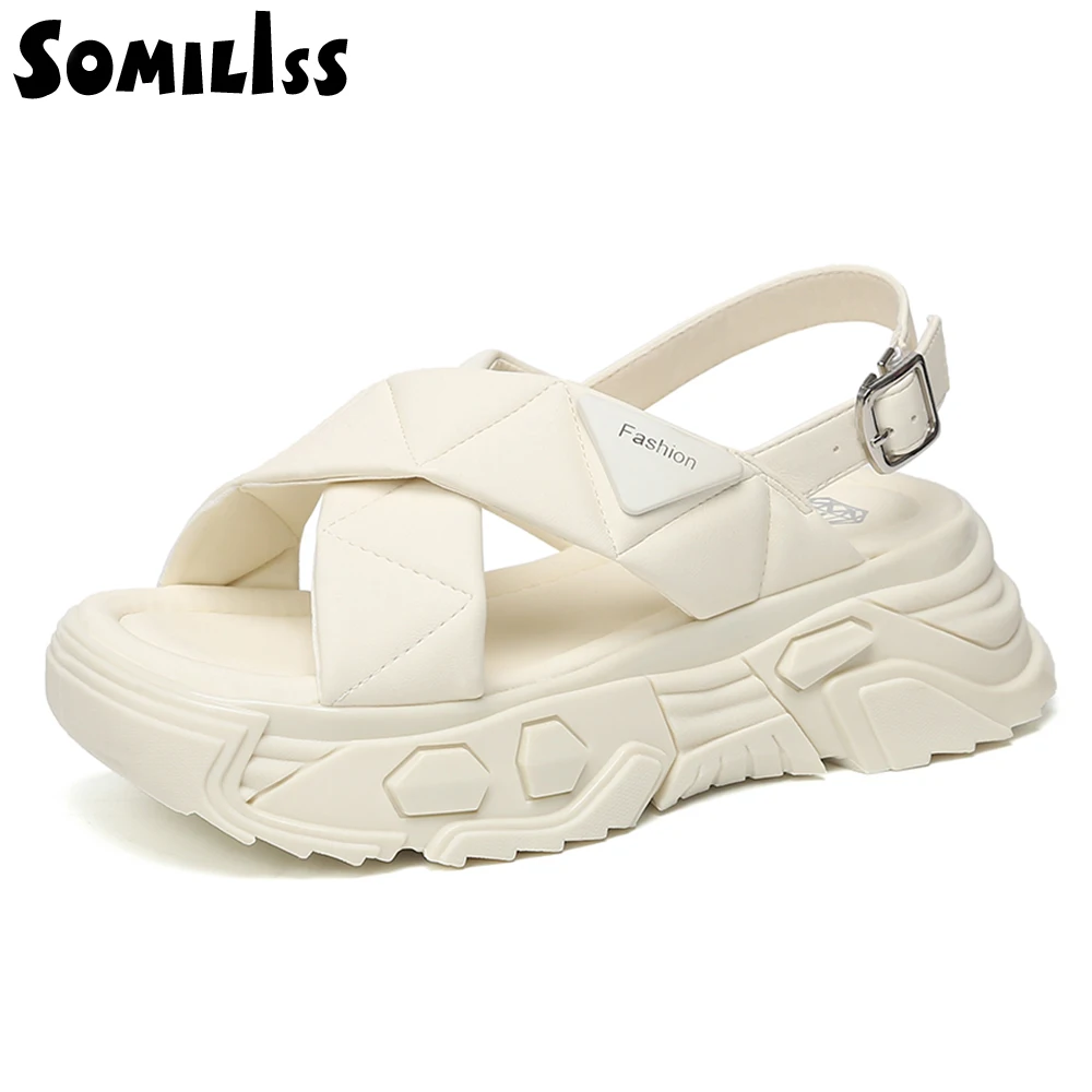 SOMILISS Summer Women Platform Chunky Sandal Buckle Strap Microfiber Leather Ladies Fashion Flat Casual Shoes for Women