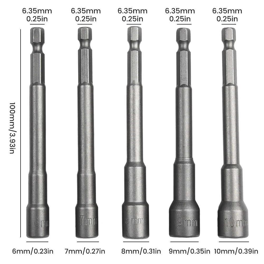

5 Pcs Socket Hexagon Nut Driver Drill Bit Socket Wrench Extension Sleeve100mm 6-10mm For Power Screwdriver Car Repairing Tools