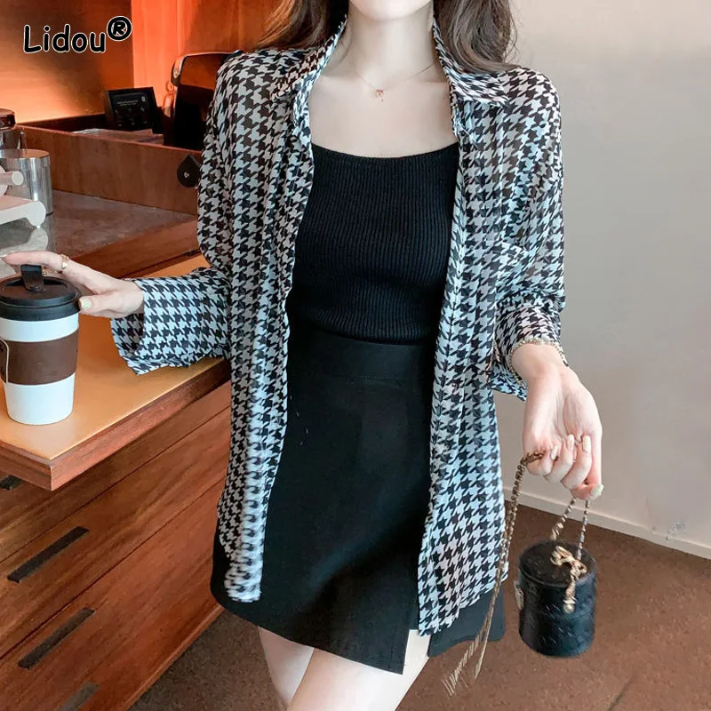 Houndstooth Chiffon Women Shirt Office Lady Slim Single Breasted Mid-length Women's Clothing Polo-Neck Lace-up Spring Summer
