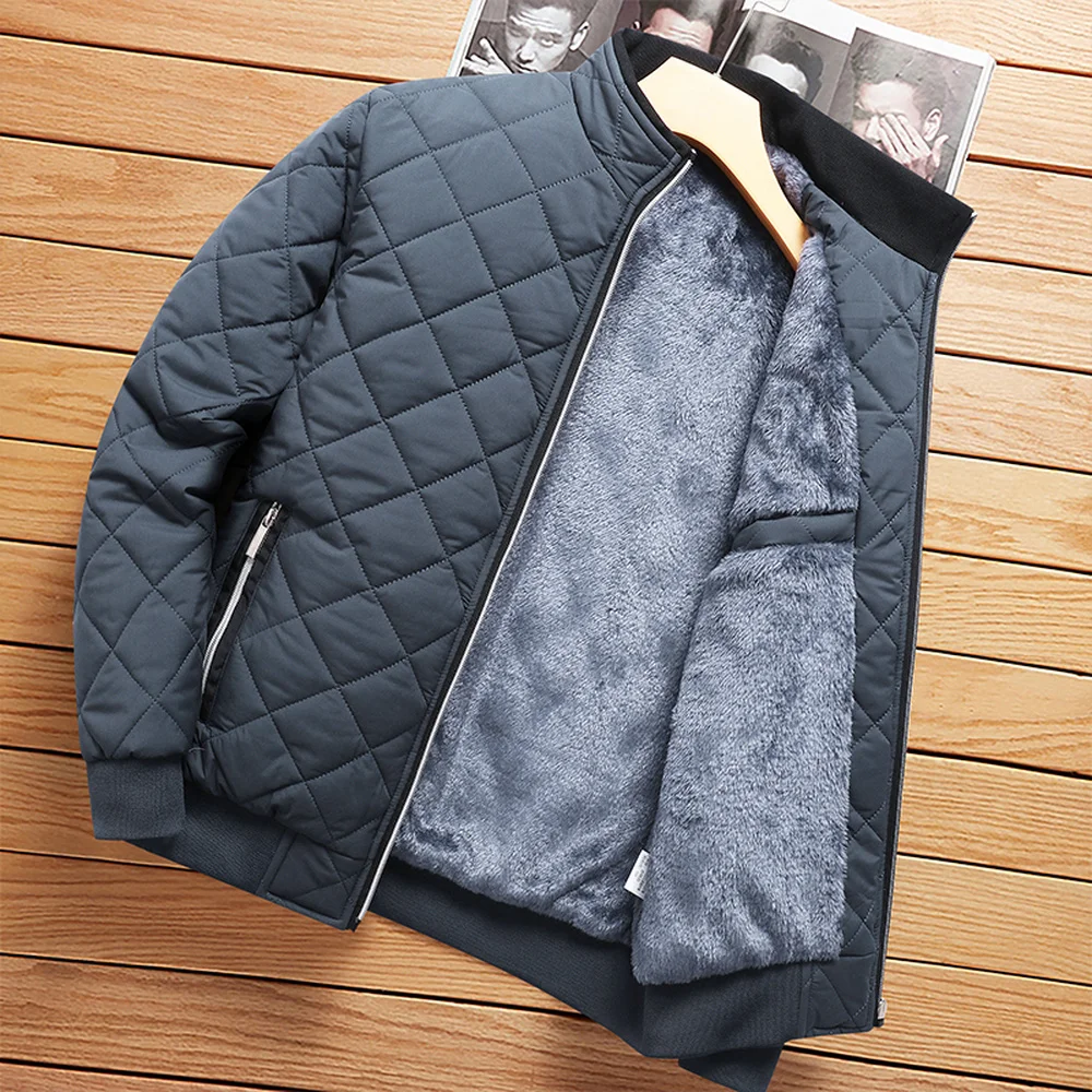Autumn Winter Bomber Jacket Men Diamond Pattern Fleece Lined Casual Jacket Men Fashion Clothing 2023 Brand New Slim Fit Coat