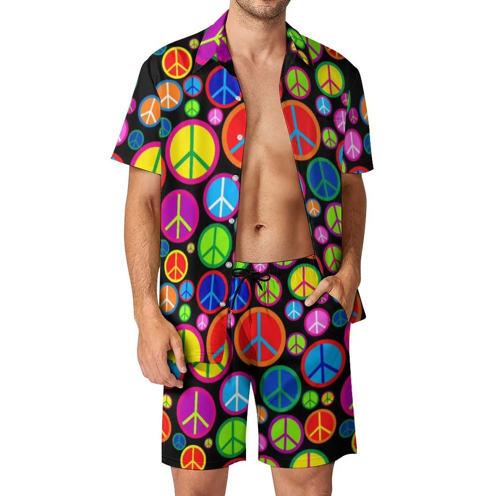 

Peace Symbols Men Sets Cool Colorful Groovy Casual Shorts Summer Trendy Vacation Shirt Set Short Sleeve Graphic Plus Size Suit