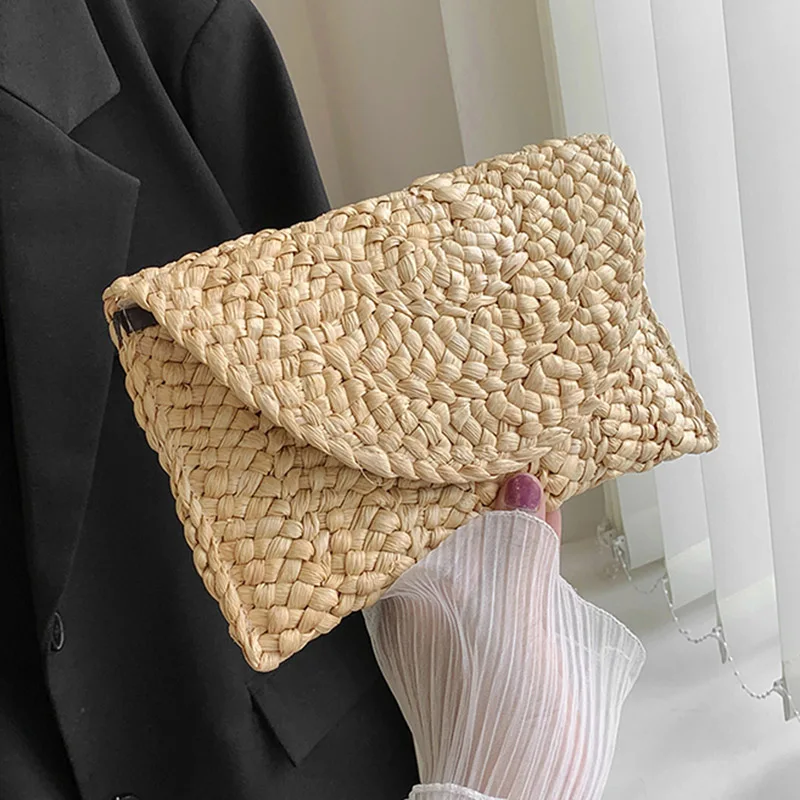 

Новая плетеная Сумка из кукурузного меха, клатч, Женская вместительная сумка на застежке, ручная плетеная Сумка, женская сумка, кошелек для ...