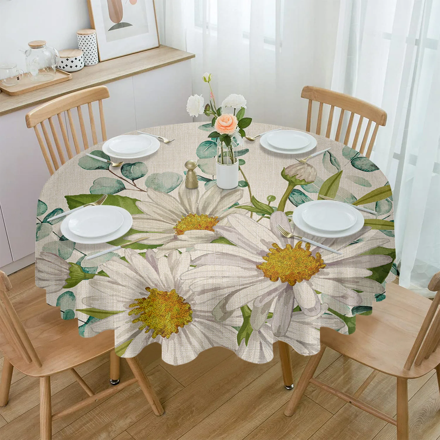 

Flowers Daisies Eucalyptus Leaves Round Tablecloth Party Kitchen Dinner Table Cover Holiday Decor Waterproof Tablecloths