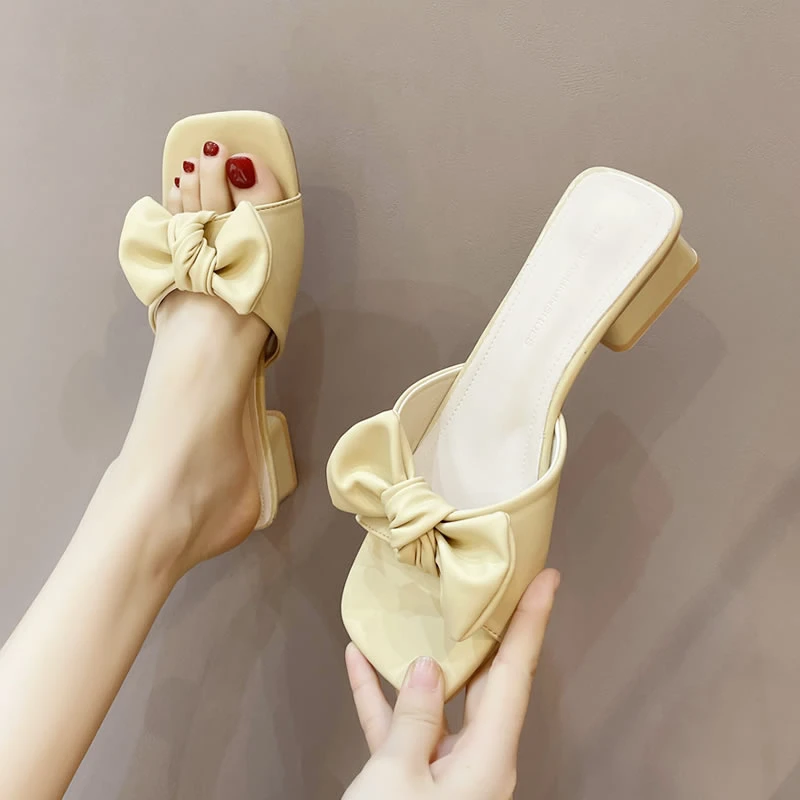 

Women's Slippers 2022 New Summer Sweet Bow Middle Heel Slippers Sandals Square Toe Dress Fashion Slippers Women