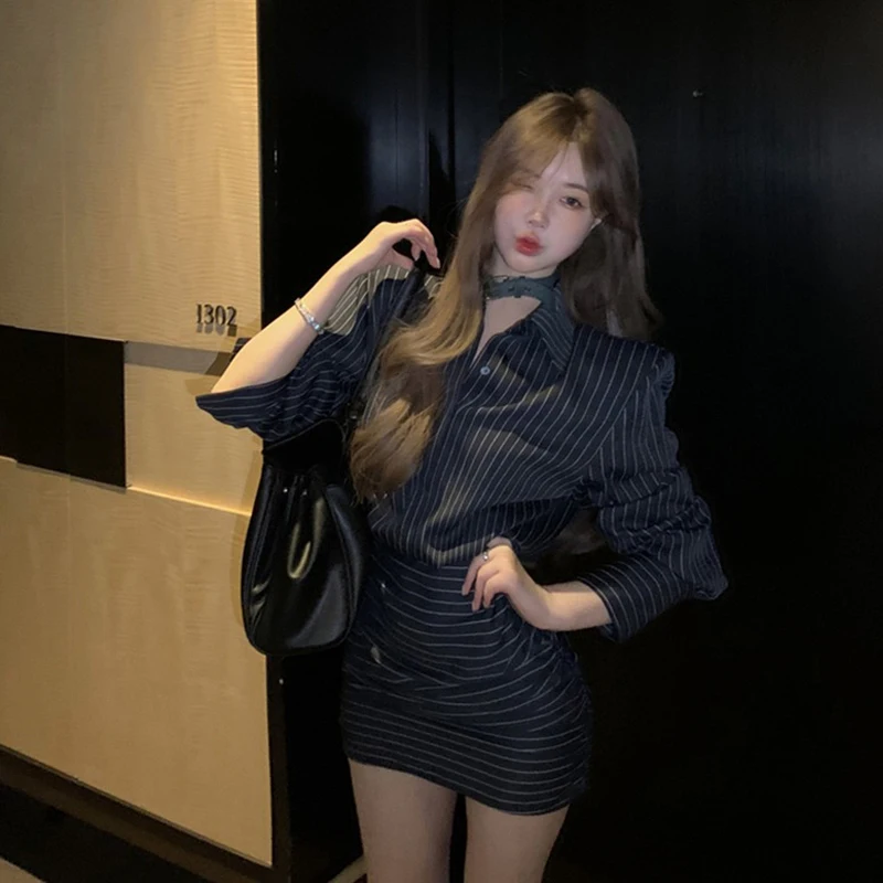 Осень-зима женское винтажное платье-рубашка в полоску Shoujo для девочек корейские