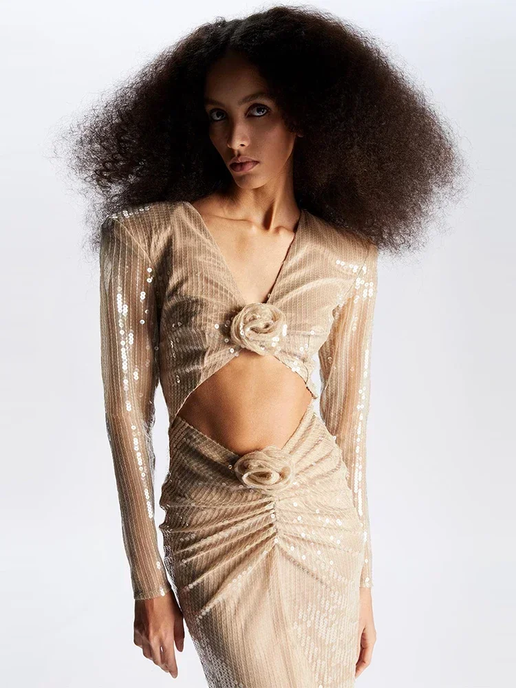 Женское платье с V-образным вырезом длинное цвета хаки длинными рукавами и