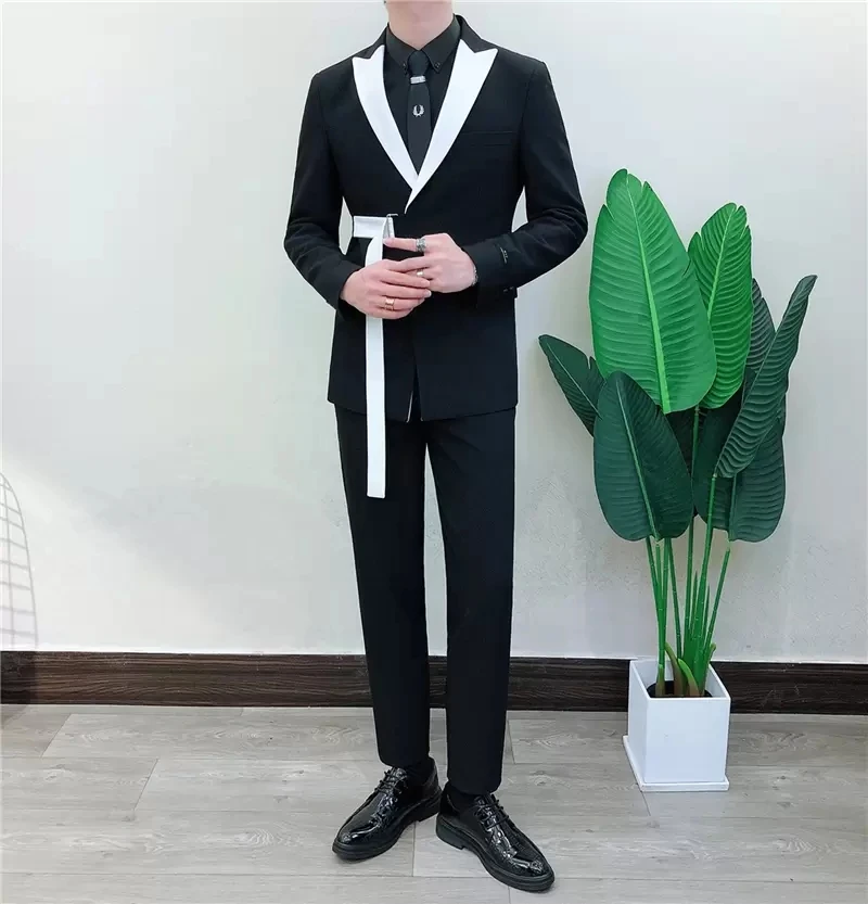 

Men Suit 2 Pcs With Belt Latest Designs Groomsmen Peak Lapel Groom Tuxedos Wedding Men Suits Slim Fit Prom Best Man Blazer