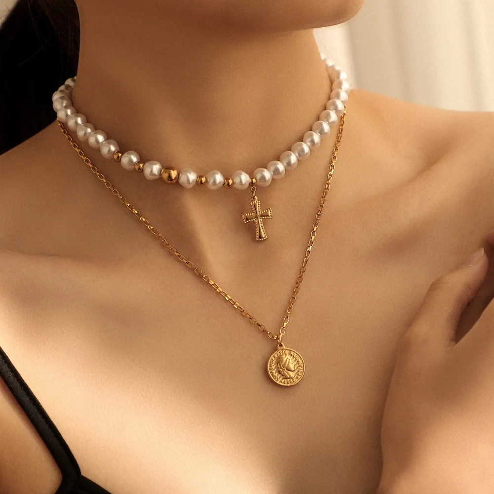 

Fashion Trend Stainless Steel Double Layer Coin Cross Pendant Exquisite Pearl Clavicle Necklace Women Jewelry Gift Wholesale