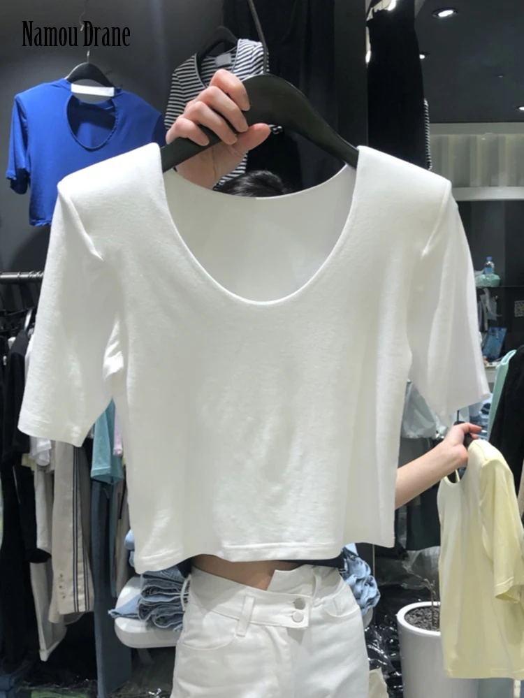 

Namou Drane Korean-style Summer 2022 New V-neck Solid Color Shoulder Pads Short Style High-waisted Casual Short Sleeve T-shirt
