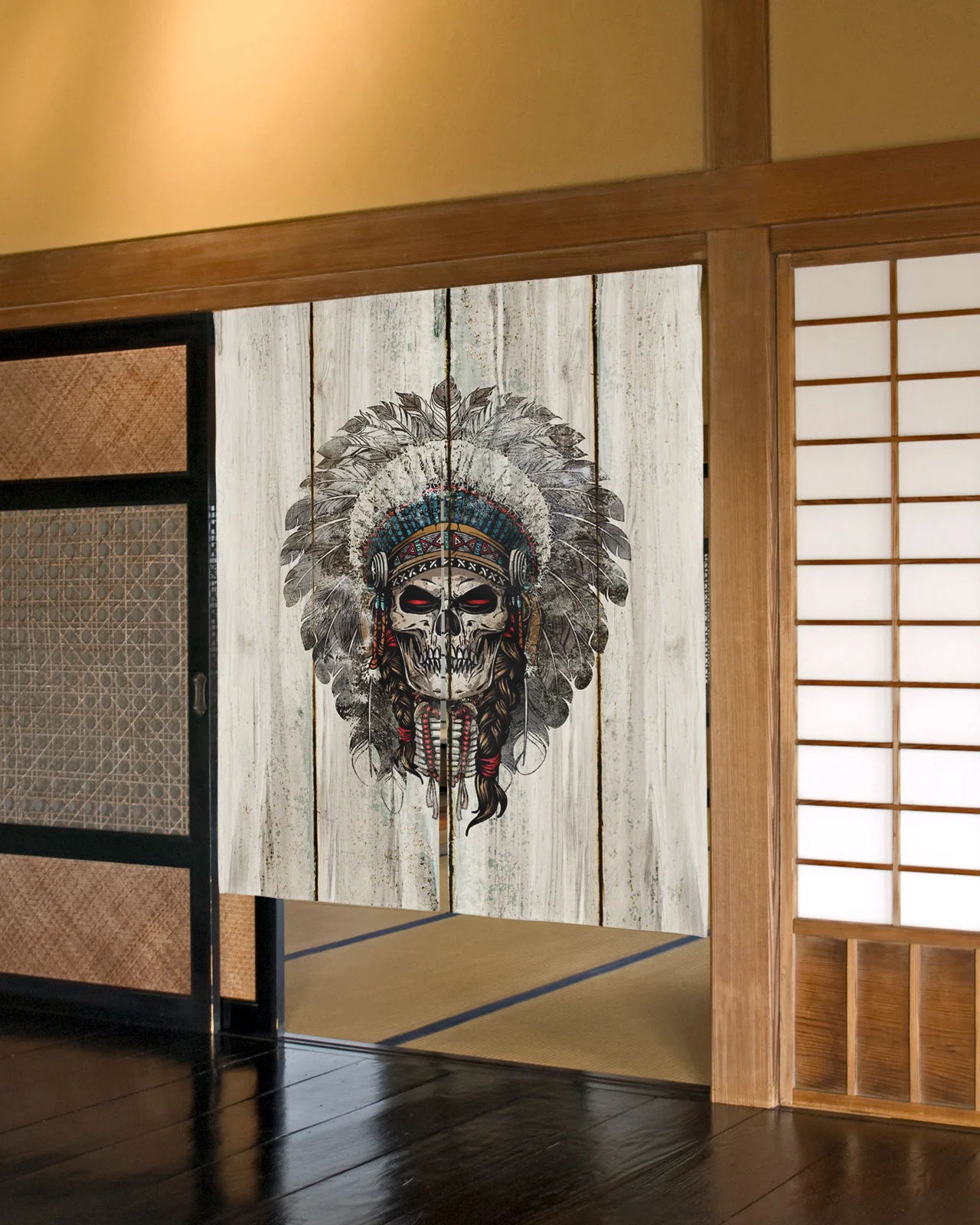 

Wood Grain Chiefs Skull Japanese Door Curtain Bedroom Partition Curtain Kitchen Entrance Hanging Half-Curtains