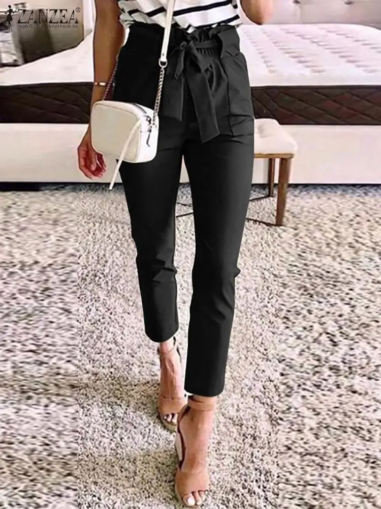 

ZANZEA Women Elegant Work Pants 2023 Spring Autumn Loose Trouser Oversized Office Lady Casual Solid Ruffle Belted Waist Bottoms