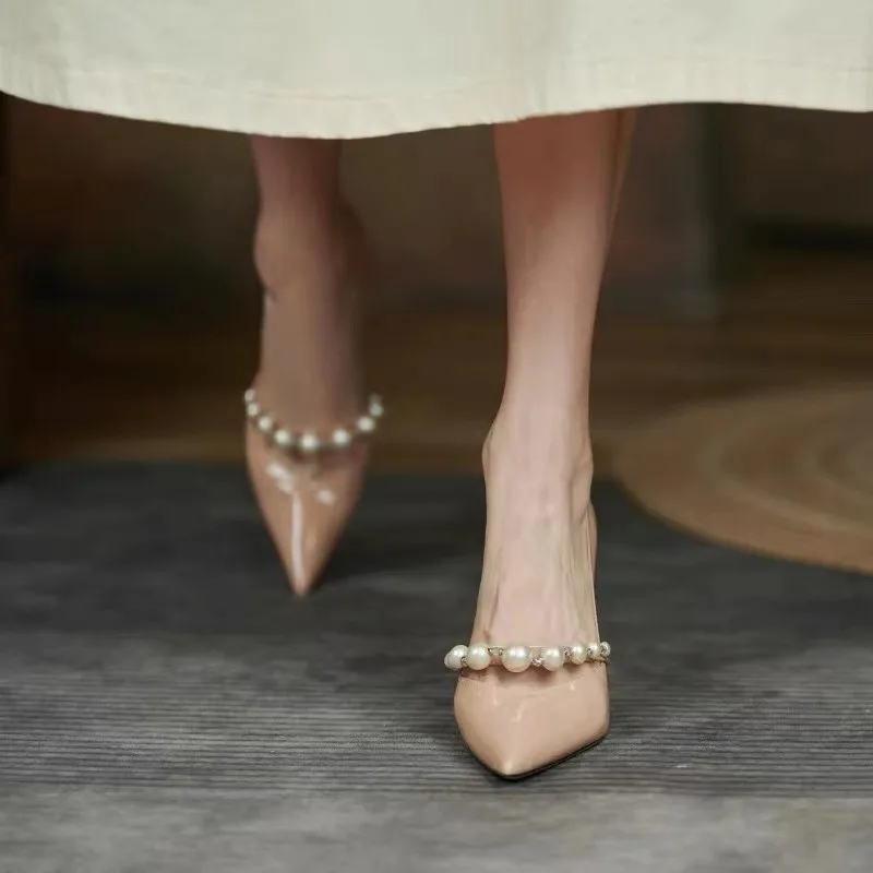 

European and American 2022 Autumn New Pointed High-heeled Women's Shoes Pearl One-line Belt Hollow Single Shoes