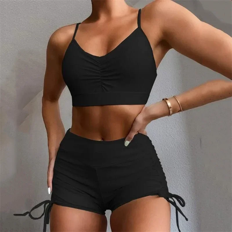 Комплект бикини с завязками купальник женские фиолетовые шорты высокой талией