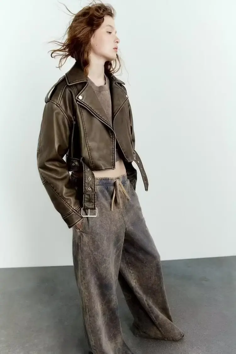 MOLAN Woman Leather Jacket Locomotive Fashion Vintage Long Sleeve Short Coat Zipper Pockets Female Chic Outwear