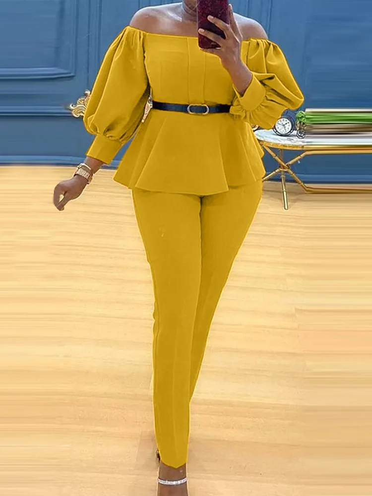 

VONDA Oversized Women 3/4 Sleeve Ruffled Blouses Off Shoulder Pants Suits Female Casual Solid Tops Long Trousers Suit Oversized