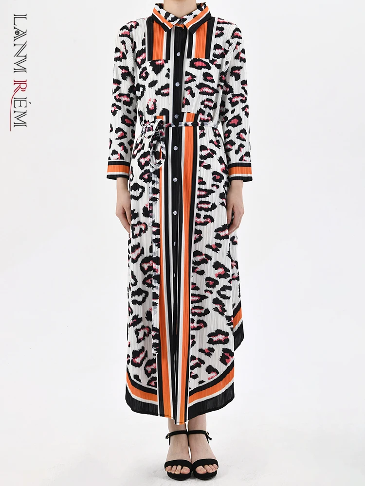 

Платье LANMREM женское Плиссированное с леопардовым принтом, однобортное платье с лацканами и поясом, осенняя одежда, 32A599, 2023