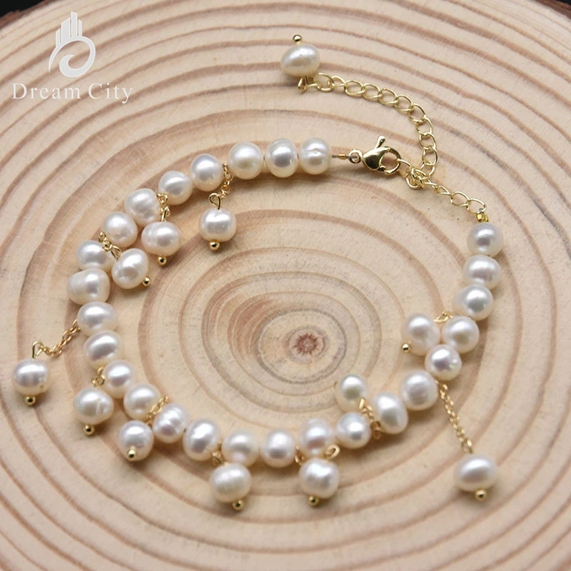 

Dream City Handmade 14K Gold Pure Natural Freshwater Pearl Bracelet Ladies Fashion Retro Fine Wedding Party Gift MB008