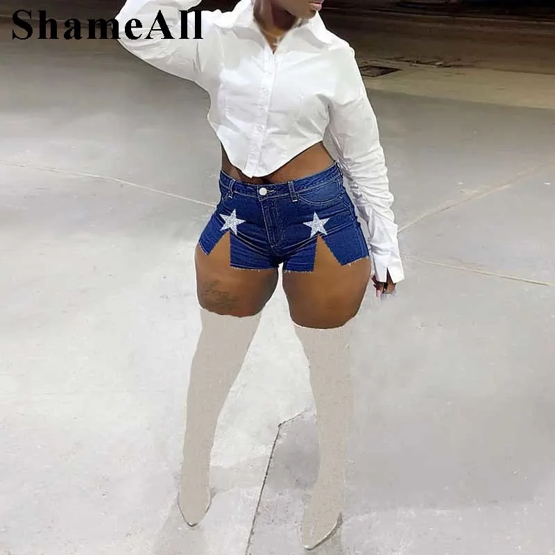 

Women Sexy Split Sequins Star Club Party Denim Hotpants 3XL Stretchy Skinny Short Jeans Summer High Waist Jean Shorts Beah Wear