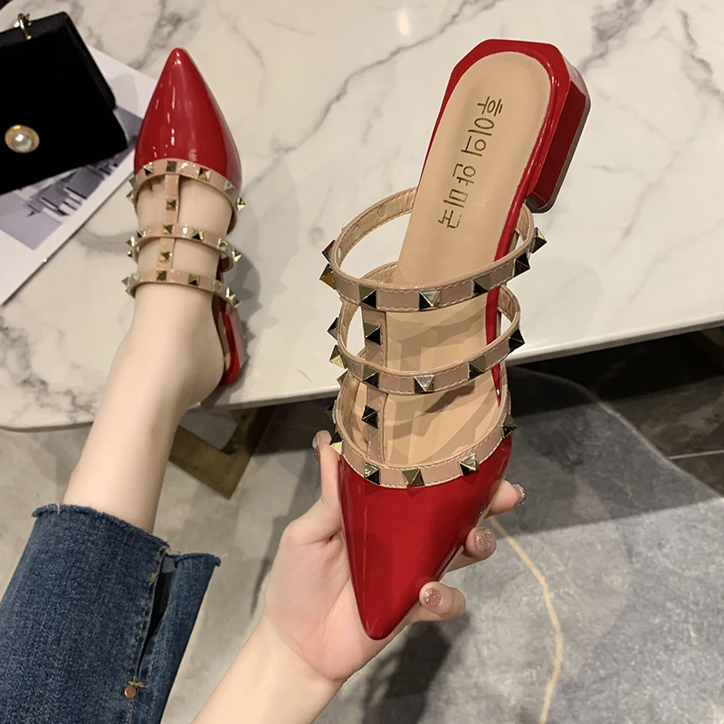 Women's sandals 2022 summer new style Baotou flat bottom pointed rivet half slippers women's low heel fashion designer slippers